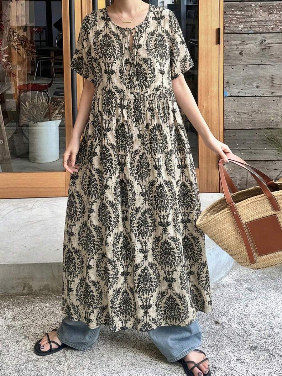 FRIFUL 女士度假植物印花系领长裙波西米亚风夏季连衣裙 - 彩色 - 查看 1