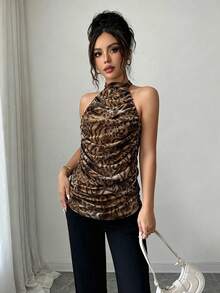 Rafferiza Ruched Halter Neck Leopard Print Sleeveless Fitted Tank Top - Yellow - View 7