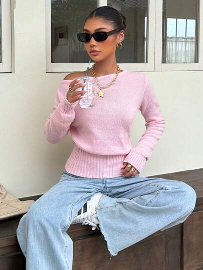 Muchica Pink One Shoulder Knitted Long Sleeve Top  Fall Elegant Casual Vacation Party Festival Sweater For Women, Chic Slim Fit Off Shoulder Pullover