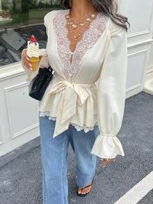 Serisse Women's Solid Color Contrast Lace Long Sleeve Waist Tie Elegant Blouse Dinner Date Date Night Beige Autumn - Apricot - View 7