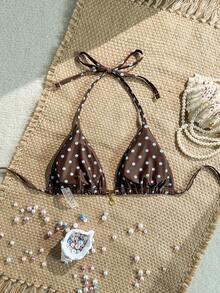 Swim Mod Summer Vacation Random Print Gold Shell Decor Halter Triangle Cup Bra Sexy One-Piece Swimsuit Top - Multicolor - View 2