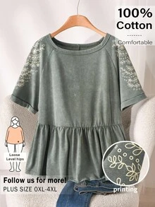 CosyJoli Blusa de mujer talla grande con estampado, blusa casual con volantes de manga corta, blusas de verano - Verde - Ver 4