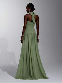 Elitara Elegant Chiffon Halter Neck Heart-Shaped Collar Handmade Fabric Fan-Pleated Bodycon A-Line Dress Guest Formal Wedding Prom Evening Sage Green Winter - Green - View 4
