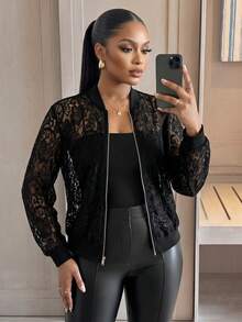 SHEIN Lady CURVE 大尺碼優雅素色透視蕾絲外套 - 黑色 - 查看 1