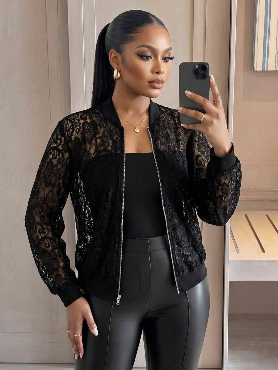 SHEIN Lady CURVE 大尺碼優雅素色透視蕾絲外套 - 黑色 - 查看 1