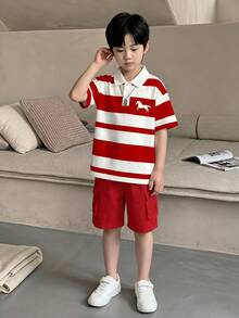 SHEIN Casuvi Kids 两件套男童春夏短袖polo衫和休闲裤套装，时尚针织条纹动物纹印花，舒适宽松版型，带口袋，百搭户外服装 - 彩色 - 查看 4