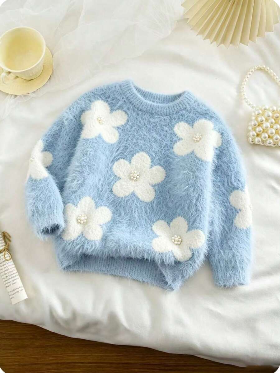 SHEIN Vintaside Kids 女童圓領套頭長袖毛衣,可愛粉色,人造貂毛材質,附蝴蝶結 - 淺藍色 - 查看 1
