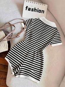Franclia Rompi Wanita Motif Garis-Garis Patchwork Kasual untuk Perjalanan Sehari-hari - Hitam dan Putih - View 2