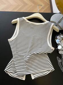 GlowEve New Fashionable Summer Casual Vacation Striped Print Cardigan With Button Decor Women Tank Top - White - View 2