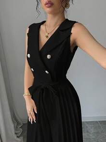 Selianne Women's Elegant Apricot Double-Breasted Pleated Jumpsuit, Suitable For Spring And Autumn - Black - View 4