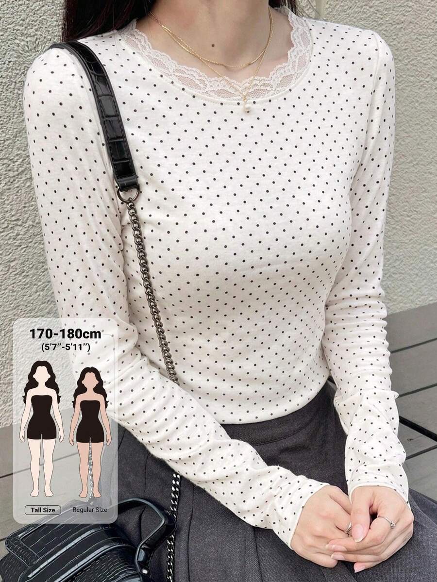 Dazy Tall 女款高個子長袖圓點蕾絲拼接休閒T恤,適合高個子女孩 - 黑與白 - 查看 1