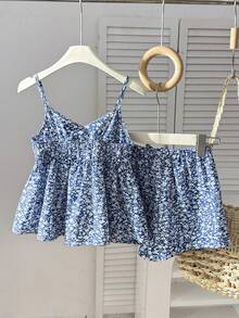 SHEIN Tween Girl 2件套 無袖條紋吊帶背心附蝴蝶結，鬆緊腰寬鬆休閒短褲，夏季休閒度假學院風套裝 - 藍色 - 查看 2
