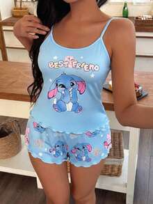 SHEIN Cartoon Print Camisole & Shorts Women Pajama Set - Blue - View 6