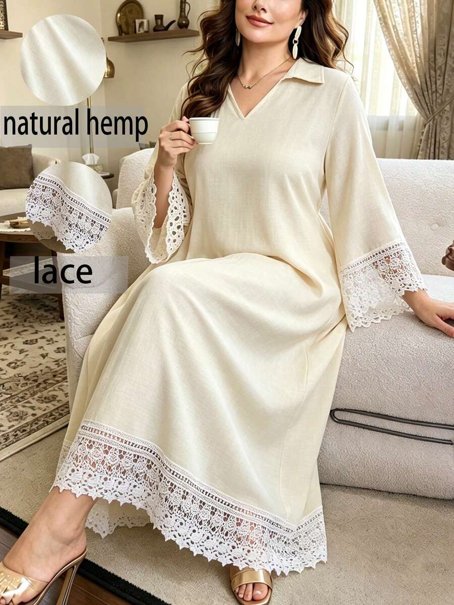 Al Najma 大码女装时尚宽松袖口及下摆花卉蕾丝花边镂空装饰短袖翻领休闲阿拉伯连衣裙 - 杏色 - 查看 1
