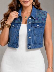 SHEIN LUNE Sexy Vacation Going Out Light Blue Printed Slit Slim Fit Outing Plus Size Denim Dress For Women - Medium Wash - View 3