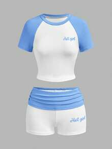 Slaydiva New Spring/Summer Music Festival Valentine's Day And Easter Casual Simple Basic Style Y2K Street Sweet Bestseller Daily Date Hot Girl Style Sexy Sporty Style Stylish Round Neck Short Sleeve Shoulder Sleeve Blue Sleeve White T-Shirt + Blue Folded Waist Head White Super Short Pants Hot Pants White Contrasting Blue Sporty Set Hotgirl English Print Women's Two Pieces Set -A - Blue - View 7