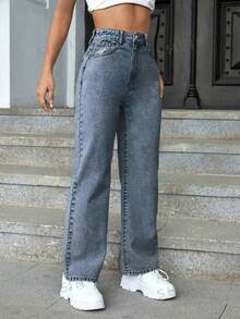 SHEIN ICON Jeans de cintura alta y pierna recta para verano - Azul lavado medio - Ver 4
