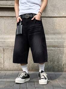 Manfinity EMRG Shorts de pierna ancha con patchwork de mezclilla para hombre - Gris - Ver 3