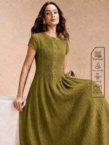 Arave Women's Woven Rayon Fabric Small Round Neck Regular Shoulder Short Sleeve Waist-Defining Striped Full Button Decor Design Casual Long Dress - Olive Green - View 4