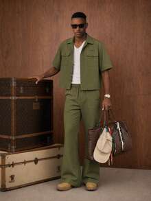 Vientiro Men's Fashion Short Sleeve Shirt & Flare Leg Pants Set - Army Green - View 4