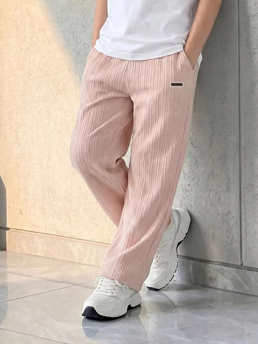 SHEIN Casuvi Kids 1件男童卡其色直條紋紋理休閒簡約直筒寬鬆長褲,春夏百搭新款,經典簡約易搭配,適合校園生活、都市休閒、週末聚會等場合 - 卡其色 - 查看 1