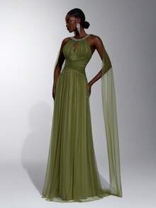 Elitara Elegant Filipiniana Olive Green Tulle Halter Keyhole Cape Sleeve Diamond Tassel Chain Backless Pleated Floor ALine Train Prom Wedding Party - Olive Green - View 6