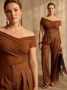 MOTF PREMIUM PLUS SIZE WOMEN SOLID CROSS WRAP OFF SHOULDER TEE - Brown - View 1