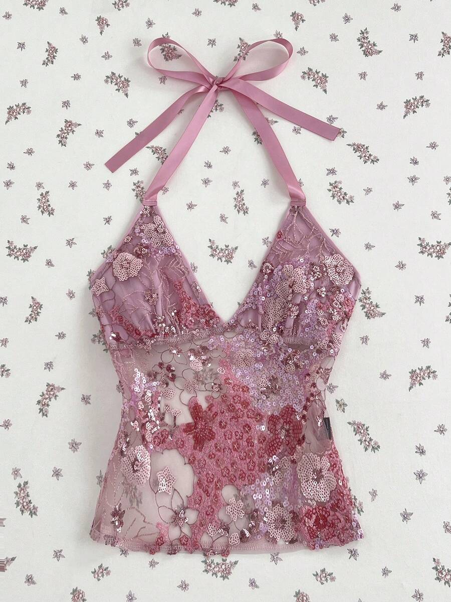 Elamini Spring/Summer Sweet Sexy Pink Sheer Lace Floral Sequin Patchwork Tie-Up V-Neck Slim Fit Halter Tank Top - Hot Pink - View 1