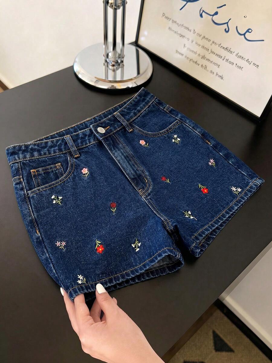 GlowEve Women's Summer Embroidered Denim Shorts - Dark Wash - View 1