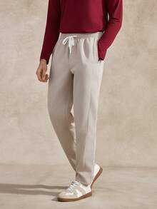 Courvante Tennis 1 Stück Herren Lässig Chino Hose mit Kordelzug Bund, Beige Sommer Städtetrip Leicht Gerader Schnitt, Hoher Bund Old Money Modisch Geschenk - Aprikosenfarben - Übersicht 5