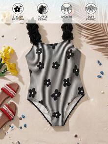 SHEIN 少女條紋圖案印花連身泳衣 - 彩色 - 查看 5