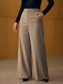 MOTF PREMIUM PLUS SIZE WOMEN SOLID SEAM FRONT WIDE LEG PANTS FALL - Grey - View 5