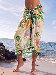 Swim Oasis 女款春夏新款椰子樹圖騰文化印花網紗海灘度假洋裝，熱帶風飄逸，適合派對、假期、休閒穿著，粉色 - 橄欖綠 - 查看 7