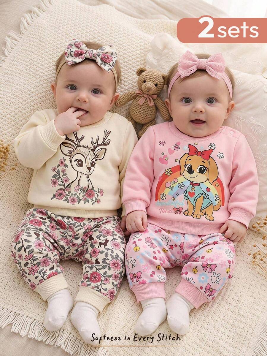 Cozy Pixies Conjunto de 2 piezas para bebé niña recién nacida con top de punto suave de manga larga, cuello redondo, estampado de animales de dibujos animados, cintura elástica y pantalones largos de invierno - Rosa - Ver 1