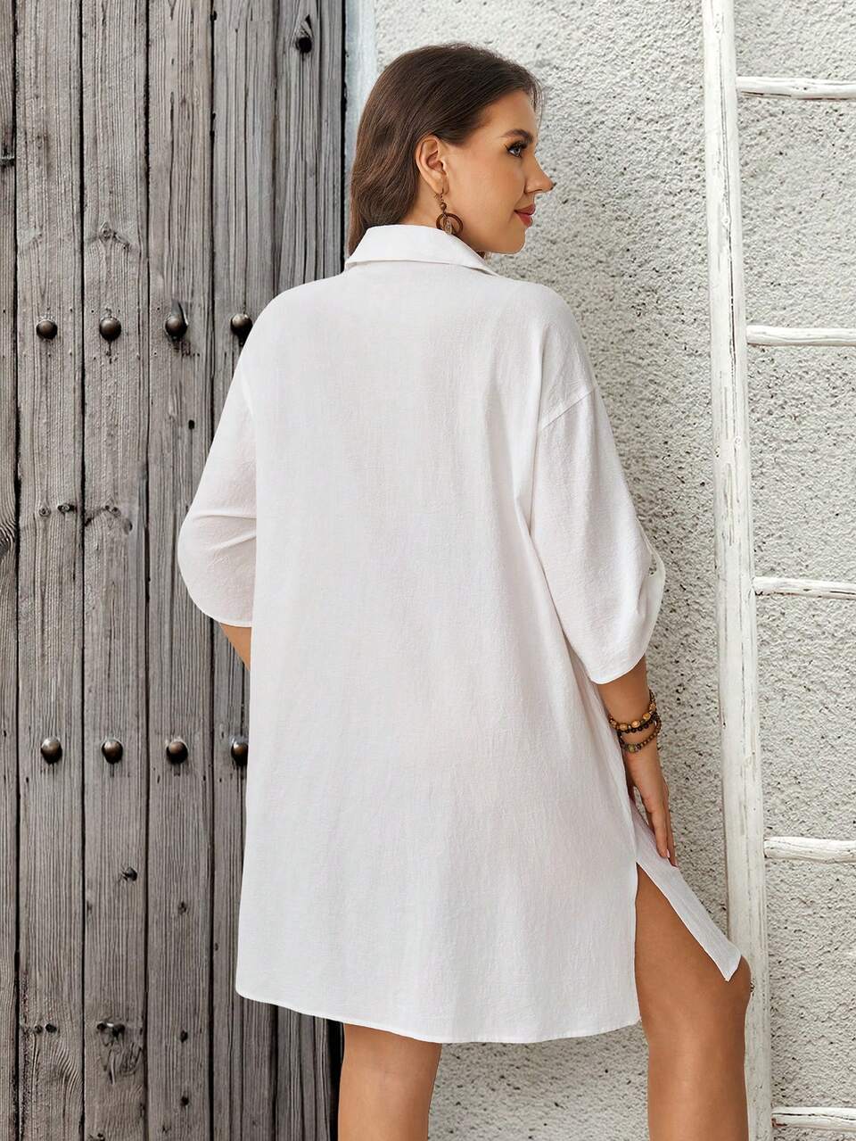 Plus Size Women's Solid Color Rolled Sleeve Single-Breasted Pocket Shirt Dress