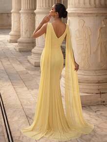 Glamrae Women's Metal Flower Decor Pleated Ribbon Hem Slit Sexy Formal Evening Gown Dress - Yellow - View 3