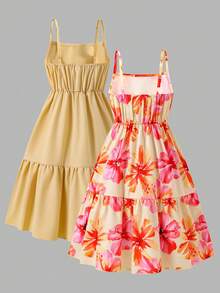 SHEIN Elladie kids 女童休閒甜美花卉與素色拼接細肩帶洋裝，適合日常穿著、夏季、戶外與度假 - 黃色 - 查看 3
