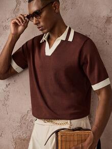 AKNOTIC Men's Colorblock Patchwork Short Sleeve Knit Top - Coffee Brown - View 5