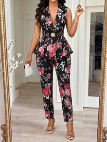 SHEIN Lady Plus Size Women's Floral Print Waist Metal Single Button Sleeveless Jacket And Pants Elegant Suit Set Formal Party Black And Gold Summer - Black - View 5