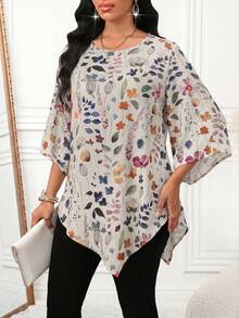 SHEIN Lady Women's Plant Pattern 3/4 Sleeve Asymmetrical Hem Loose Fit Blouse Garden Party Day Party Off White Autumn Elegant - Multicolor - View 5