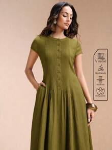 Arave Women's Woven Rayon Fabric Small Round Neck Regular Shoulder Short Sleeve Waist-Defining Striped Full Button Decor Design Casual Long Dress - Olive Green - View 1