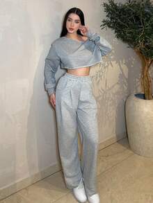 hhfernanda Women's Fall Streetwear Fashion Casual Vintage Corduroy Textured Long Baggy Pants - Grey - View 1