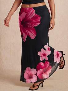 Elaquor Große Größen Damen Mesh bedruckter Rock, schwarzes elegantes Damen Urlaubskleid mit Meerjungfrauensaum und Blumenmuster, Damen Sommerkleidung, Sommerbekleidung, Outfit für Country Music Festival, Urlaubskleid, Strandoutfit, Y2K Stil Rock - Verschiedenfarbig - Übersicht 4