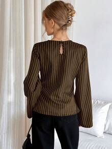 Siren Gaze Women's Casual Business Casual Commute Striped Bell Sleeve Blouse Work Brown Striped Autumn - Brown - View 2