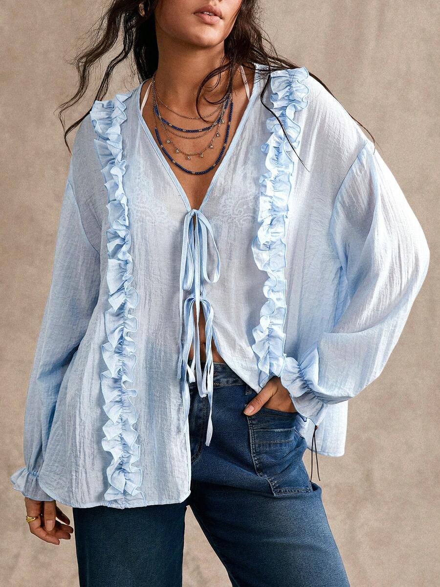 Nubod Elegant Plus Size Women's Loose Ruffle Trim Tie Front Solid Color Blouse Fall