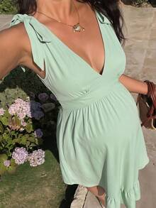 Momance Robe de maternité élégante sans manches avec col en V profond et nœud aux épaules, couleur unie - Vert - Voir 7