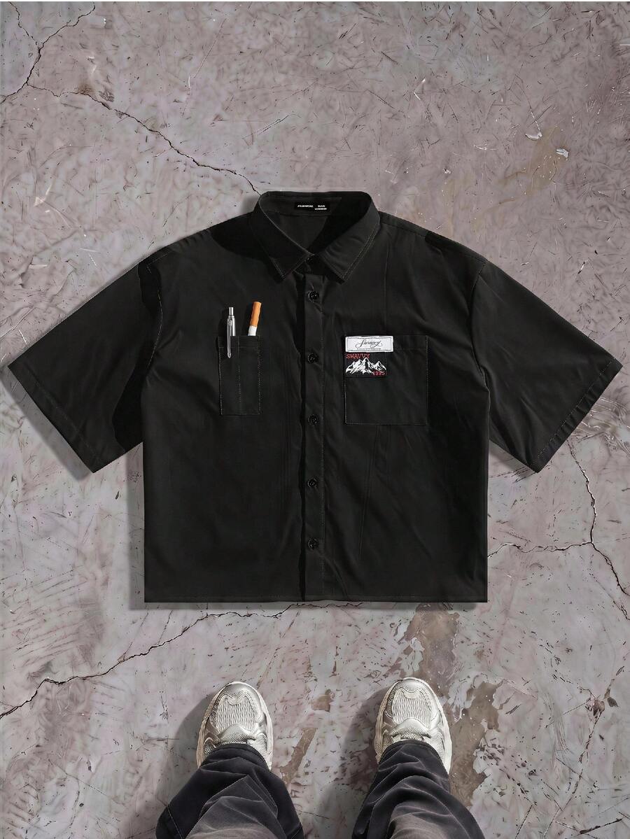 ESTAVOR Men's Letter Print Pocket Design Short Sleeve Shirt - Black - View 1