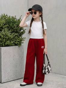 SHEIN Casuvi Kids 少女休闲运动裤，简约logo图案撞色口袋装饰连帽针织慢跑裤，宽松阔腿长裤 - 酒紅色 - 查看 1