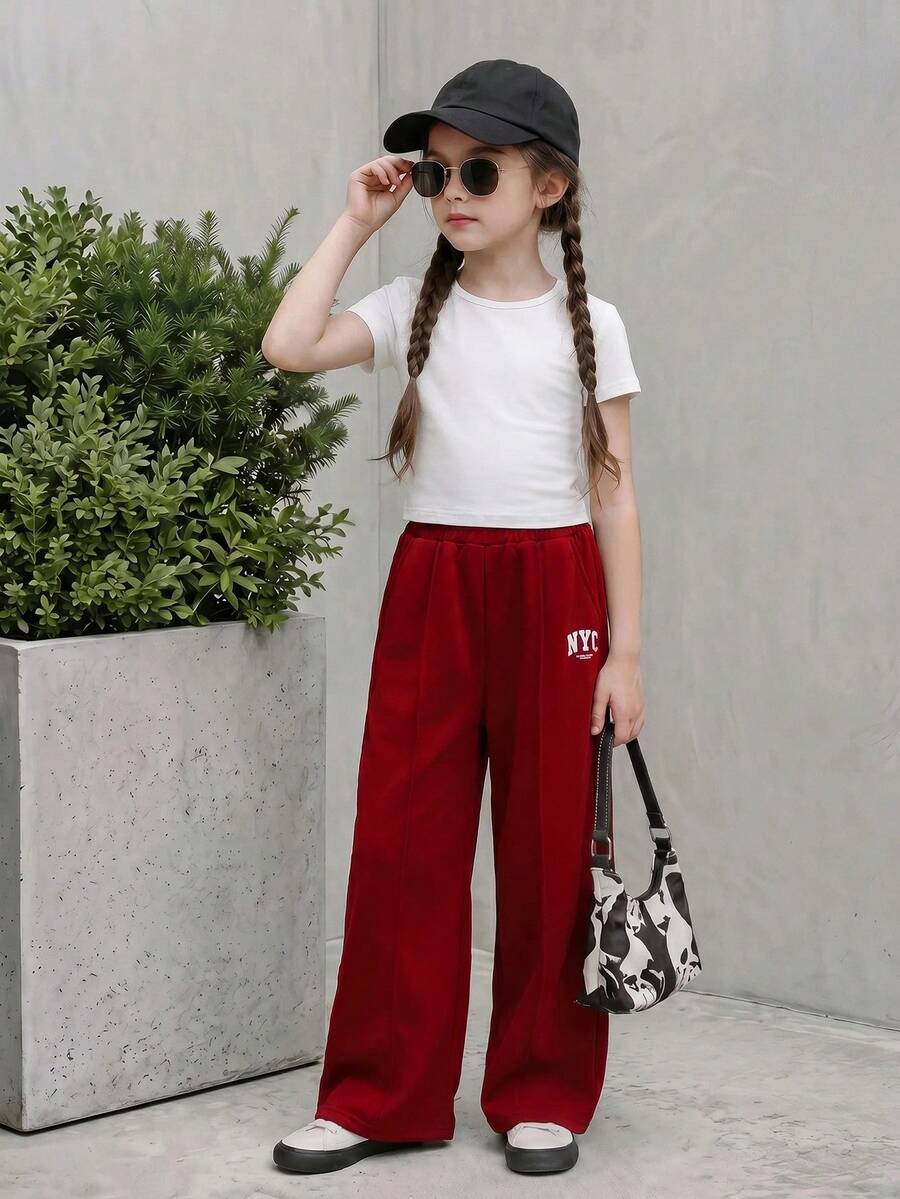 SHEIN Casuvi Kids 少女休闲运动裤,简约logo图案撞色口袋装饰连帽针织慢跑裤,宽松阔腿长裤 - 酒紅色 - 查看 1