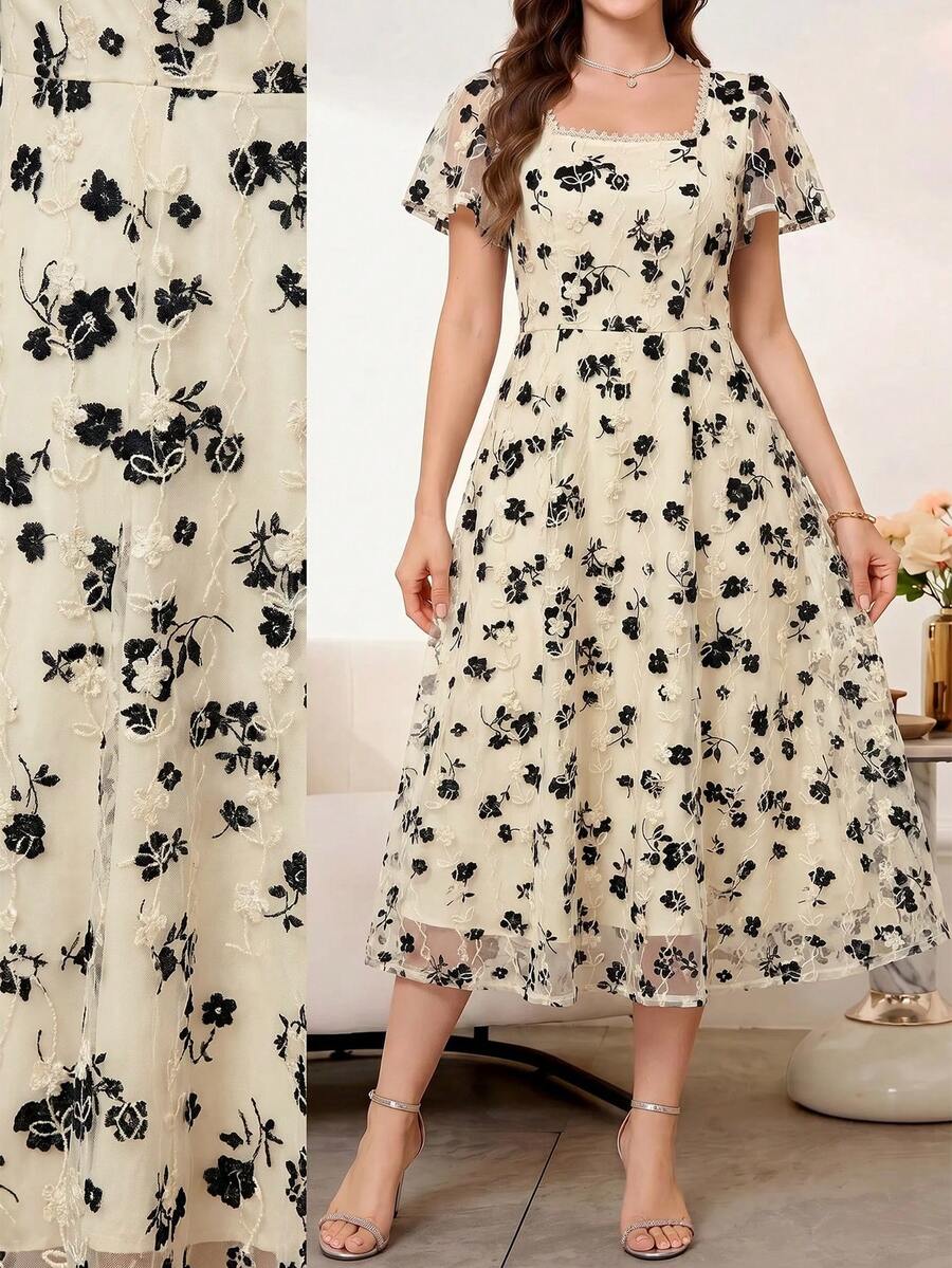 SHEIN Clasi 女款刺繡方領荷葉邊短袖優雅中長洋裝 - 黑與白 - 查看 1